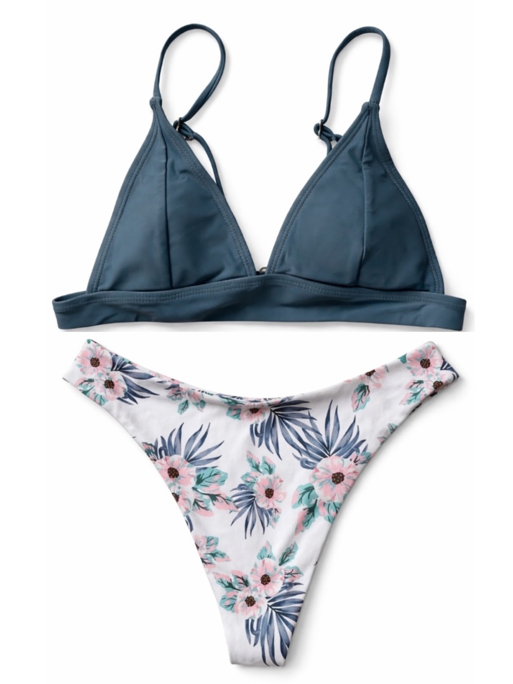 4/$20➡️ Steel Blue Triangle Bikini Top White Floral Cheeky Bikini Bottom – Small
